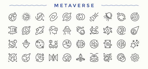Meta Verse linear icon collection. Line icons with editable stroke. Contain linear symbols intelligence, ar, virtual reality, cyberspace, reality, digital. Vector illustration. Technology icon set.