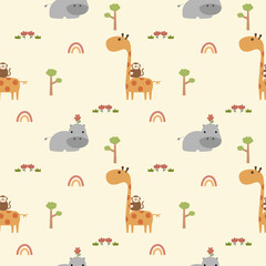 Obraz premium Giraffe and monkey cartoon so cute. On hippopotamus flower rainbow tree background. Pattern seamless vector illustration. 