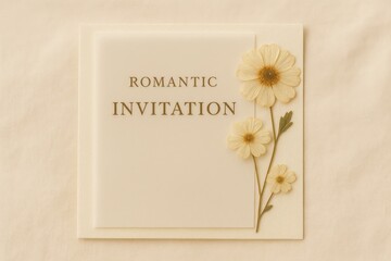Elegant romantic invitation card with pressed yellow flowers on soft beige background, minimal wedding stationery design concept.