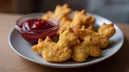 Oven-baked dinosaur-shaped nuggets paired with tangy ketchup, evoking playful Paleo celebrations and Cretaceous culinary adventures