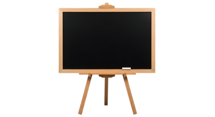 Wooden framed blackboard on a tripod easel with a piece of chalk isolated on a transparent background