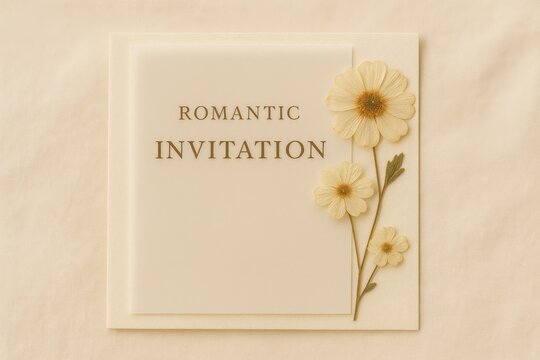 Elegant romantic invitation card with pressed yellow flowers on soft beige background, minimal wedding stationery design concept. - Powered by Adobe