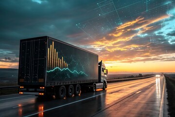 A modern delivery truck displaying data visualization on a highway