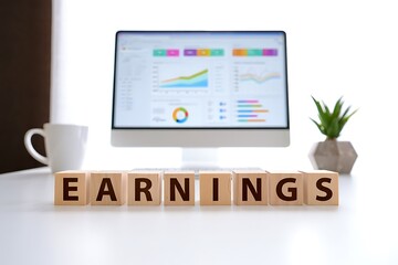 Earning potential concept with wooden blocks and computer screen