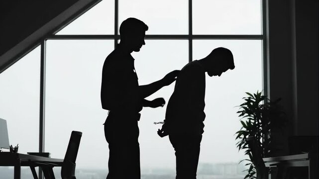 Officer manning to arrest a criminal man with handcuffs. Law enforcement procedure for detainee in an office. Arrest and custody concept.