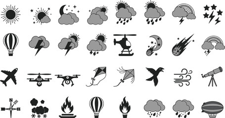 Weather and aviation icons, celestial symbols, nature elements, black silhouette grid, climate chart, transport illustration, fire, wind, rain, snow