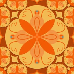abstract floral background,orange curves ,painted create to flowershape, leaves, brown background in geometric patterns as sarong,fabric,tile,printed fabric,batik,tablecloth patterns.