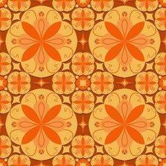 seamless floral pattern,orange curves ,painted create to flowershape, leaves, brown background in geometric patterns as sarong,fabric,tile,printed fabric,batik,tablecloth patterns.