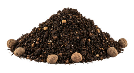 A mound of dark soil with round clay pellets scattered throughout on a black background studio shot