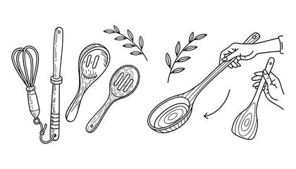 Kitchen utensils sketch vector illustration cooking tools