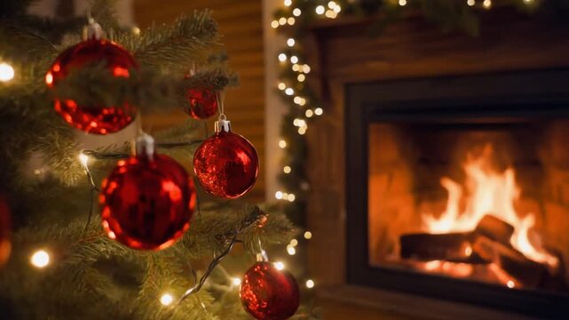 &aacute;rbol de Navidad decorado con bolas rojas brillantes y guirnaldas, iluminado con luces c&aacute;lidas que parpadean suavemente. El &aacute;rbol est&aacute; situado en un acogedor sal&oacute;n de madera, junto a una chimenea.