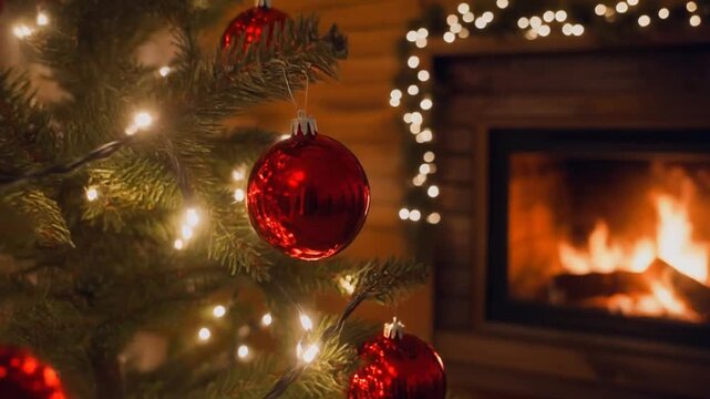 &aacute;rbol de Navidad decorado con bolas rojas brillantes y guirnaldas, iluminado con luces c&aacute;lidas que parpadean suavemente. El &aacute;rbol est&aacute; situado en un acogedor sal&oacute;n de madera, junto a una chimenea.
