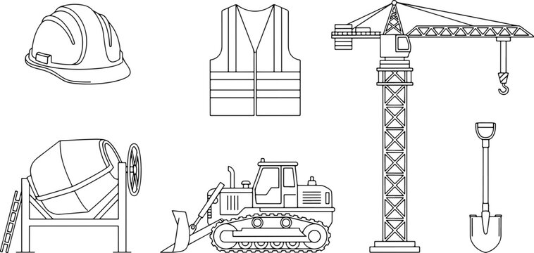 Essential construction equipment icons: Crane, bulldozer, mixer, shovel, hard hat, safety vest for blueprints, safety manuals, and instructional guides