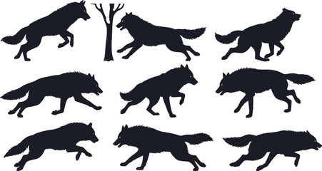 Wolf silhouette in motion, black vector illustration, running wolves, animal movement study, forest predator, nature art, dynamic pose, wild scene