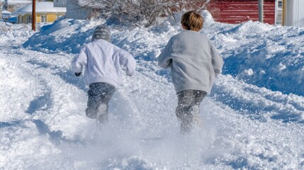 Children joyfully sprint through snow-blanketed street, celebrating Norsk Jul and Snow Day magic, winter wonderland adventure unfolds