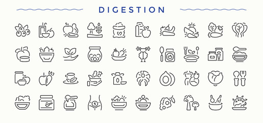 Digestion icon set. Digestive modern icon set. Outline symbol collection. Featuring gastric, organ, intestine, body, health and more. Editable stroke. Vector collection.