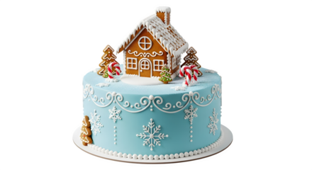 Winter Holiday Cake with Gingerbread House, isolated on transparent background