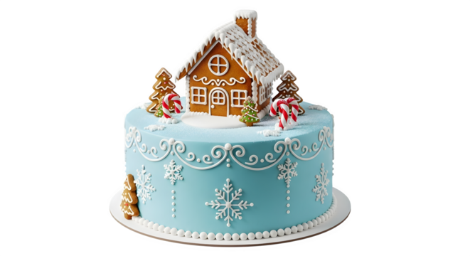 Winter Holiday Cake with Gingerbread House, isolated on transparent background