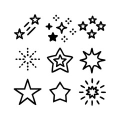 Stars flat line icons set. Starry night, falling star, firework, twinkle, glow, glitter burst vector illustrations. Outline signs for glossy material property. Pixel perfect 64x64. Editable Strokes .