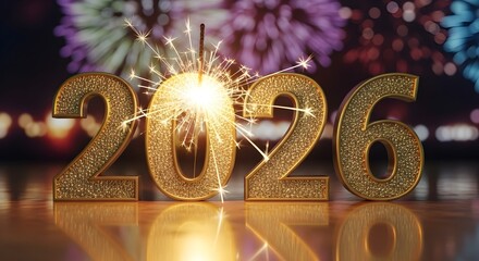 Golden 2026 numbers with sparkling fireworks and bokeh lights celebrating the new year
