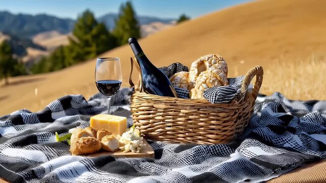 Picnic basket with wine bottle bread and cheese in sunny outdoor setting