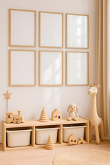 Kids Room Minimalist Interior with Empty Frames and Neutral Decor