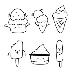 Set of cute kawaii sweet dessert ice cream doodle collection, cake cartoon, outline style illustration, isolated on white background