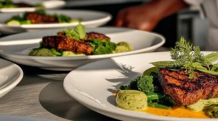 Grilled salmon with verdant greens and herbed puree, evoking Earth Day culinary artistry, mindful eating celebration
