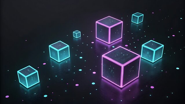 Glowing geometric cubes float in a dark space with shimmering particles