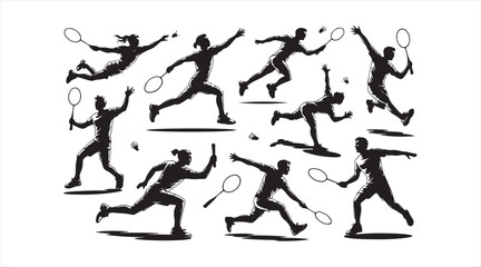 Collection of tennis action icons featuring running, jumping, and swinging motions