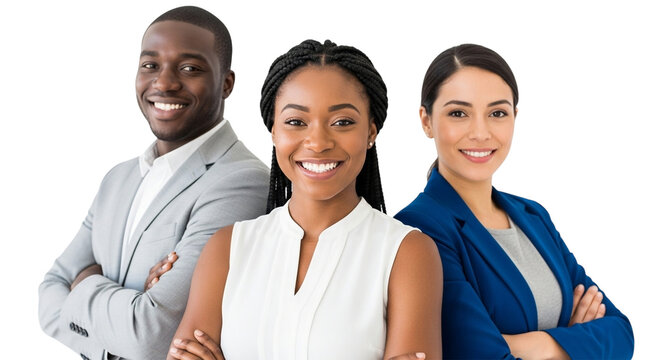 Three diverse business professionals smiling and standing with arms crossed isolated on transparent background