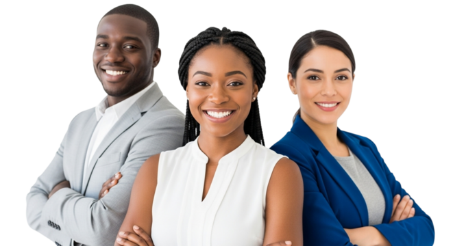 Three diverse business professionals smiling and standing with arms crossed isolated on transparent background