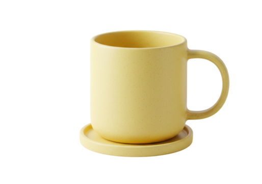 Isolated ceramic mug and saucer in pastel yellow, a simple and modern design for hot beverage