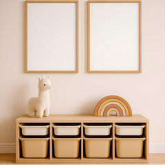 Kids Room Minimalist Interior with Empty Frames and Neutral Decor