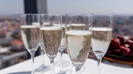 Effervescent champagne flutes twinkle at rooftop revelry, ideal for Bastille Day celebrations or an opulent summer solstice gathering