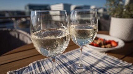 Two sparkling wine glasses shimmer beside a tantalizing berry medley, evoking midsummer night's eve and Bastille Day celebrations