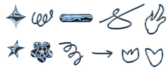 Chrome liquid metallic abstract shapes. shiny glossy elements set