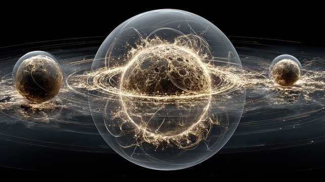 A set of three polished metal spheres in orbit around a central, larger, glowing sphere, representing a core product and its supporting services ecosystem