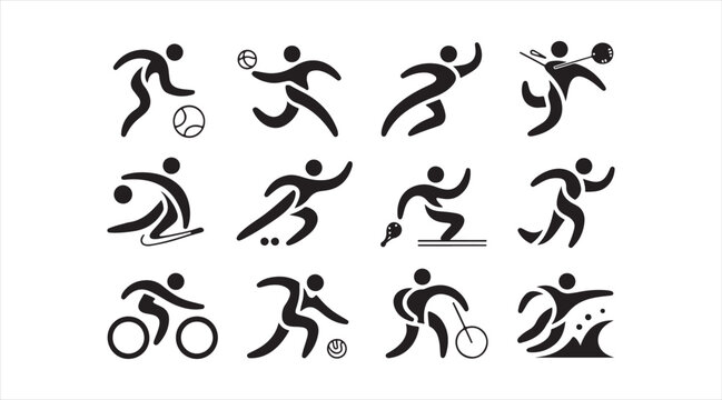 Dynamic athlete figures performing multiple sports in clean graphic icon form
