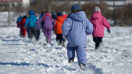 Children in vibrant snowsuits frolic through a snowy wonderland, celebrating Imbolc and the cheerful chaos of Plow Monday