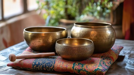 A set of Tibetan singing bowls made of brass, arranged on a silk cushion, one with a wooden mallet resting on its rim, sound healing and meditation, serene and spiritual, rich detail. 