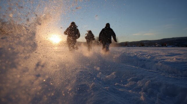 Silhouetted adventurers racing through snowdrifts at sundown evoke Frost Fest, Winter Solstice excitement, and Arctic escapades