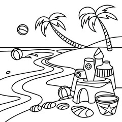 A simple black and white illustration of a beach with palm trees and sandcastle