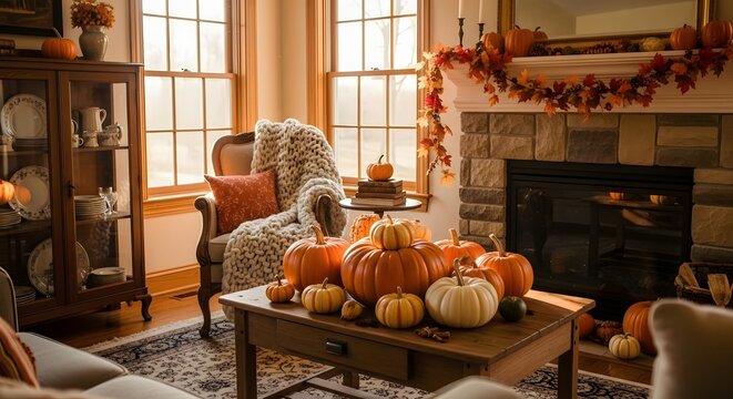 A cozy living room decorated for autumn with pumpkins on a coffee table and a warm fireplace.