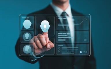 Business professional interacting with a futuristic digital interface, selecting a virtual user profile for data management and analytics