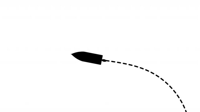speedboat with dotted path upward left animation on white background. 4k video dashed line path route animation