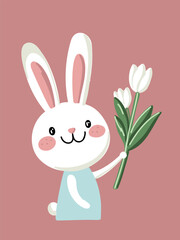 adorable bunny holding tulips with cheerful expression
