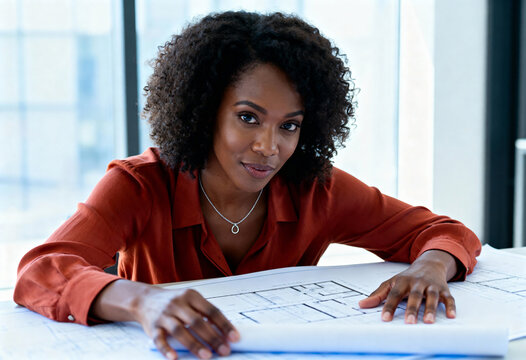 Confident Black female architect working on blueprints in a modern office. Professional woman at her desk with a new design project. Portrait of a successful engineer looking at the camera