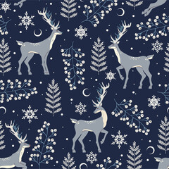 Winter holiday pattern. Seamless background with deers, snowflakes, herbs. Celebration design for paper, cover, fabric, interior decor and other.