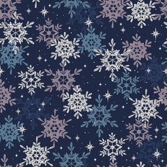 Seamless blue pattern with beautiful snowflakes and stars. Winter illustration.